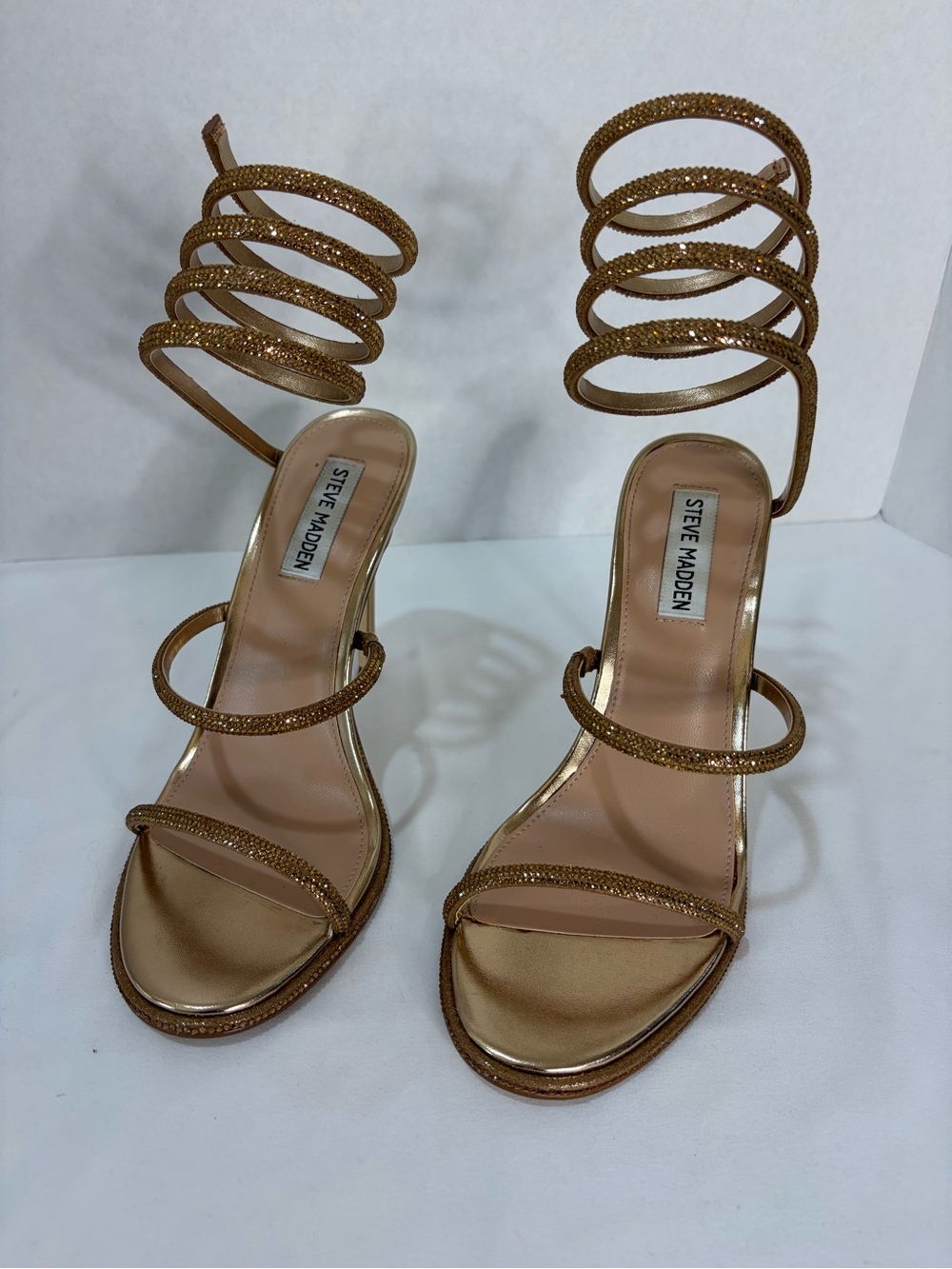 Steve Madden Metallic Gold Spiral-Ankle Stiletto Sandals